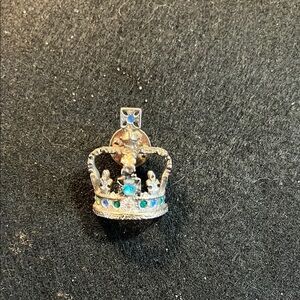 Silver Tone Crown Brooch with Blue Accents